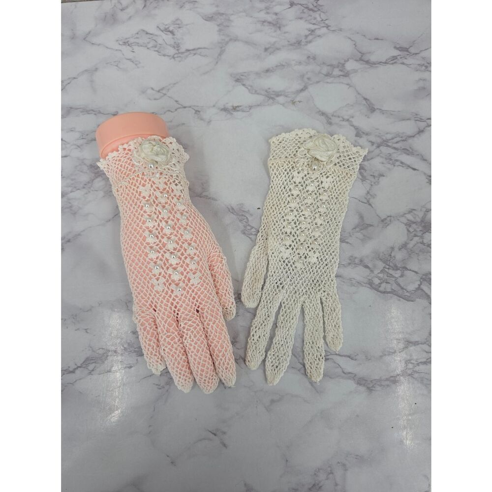 Vintage Crochet Lace Gloves Beaded with Rose Accent See Through